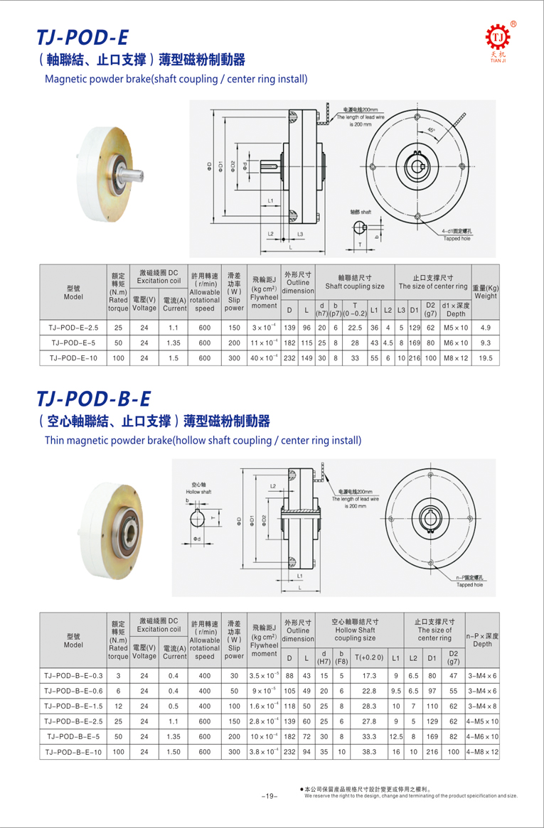 空心軸超薄型磁粉制動(dòng)器參數表